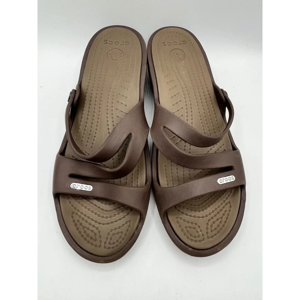 Crocs Patricia Women Sz 9 Espresso Brown Wedge Strappy Comfort Sandals